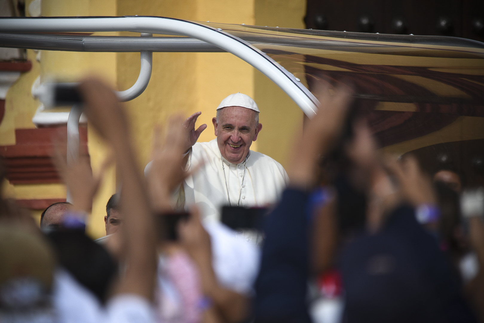 Pope Francis Waves from the Popemobile during his Visit to Mexico