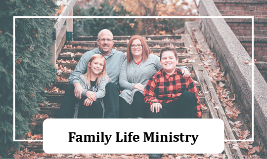 father, mother, daughter, and son sitting on outdoor stone stairs in the park, setting is the autumn