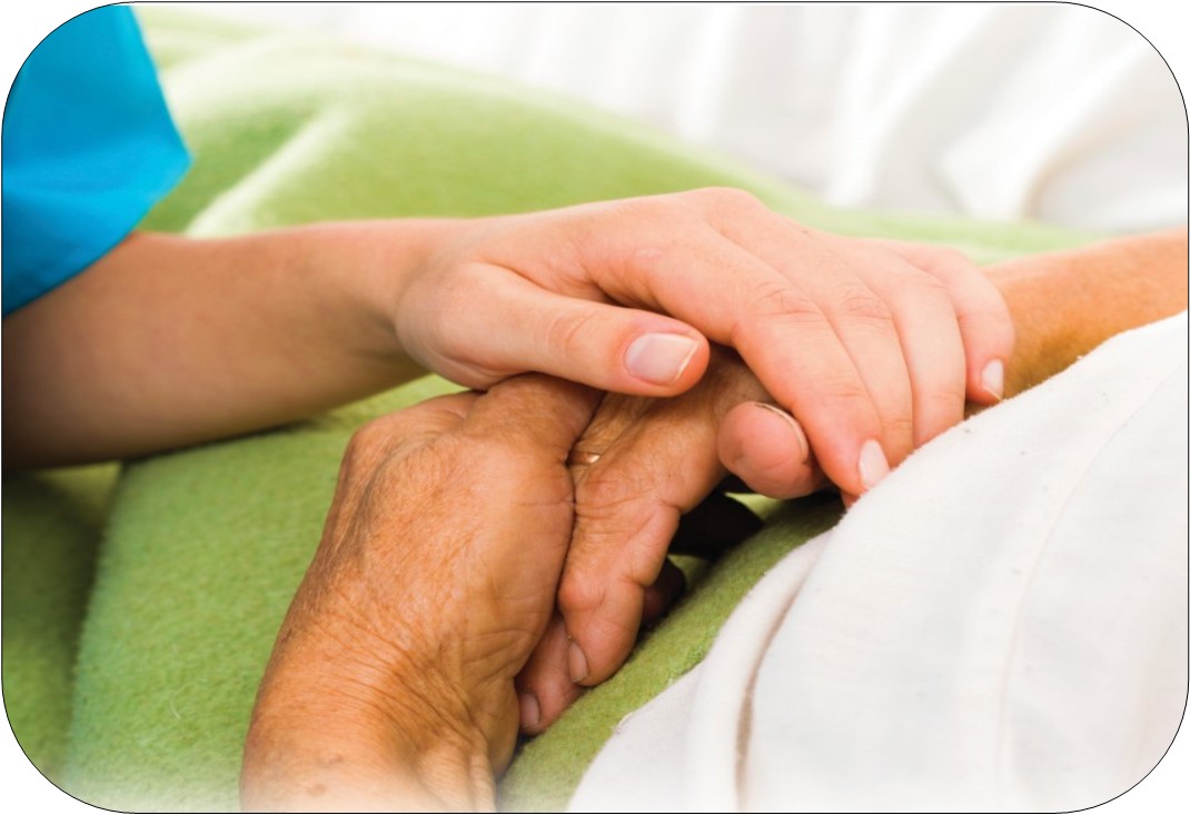 image of hands on top of elderly hands, elderly is in a bed