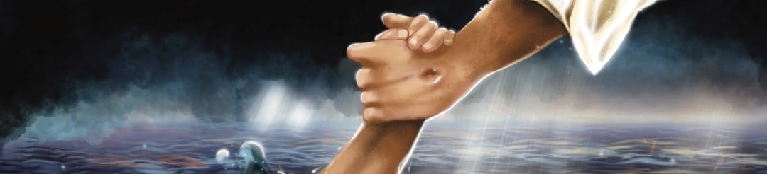 Jesus grasps a hand emerging from water